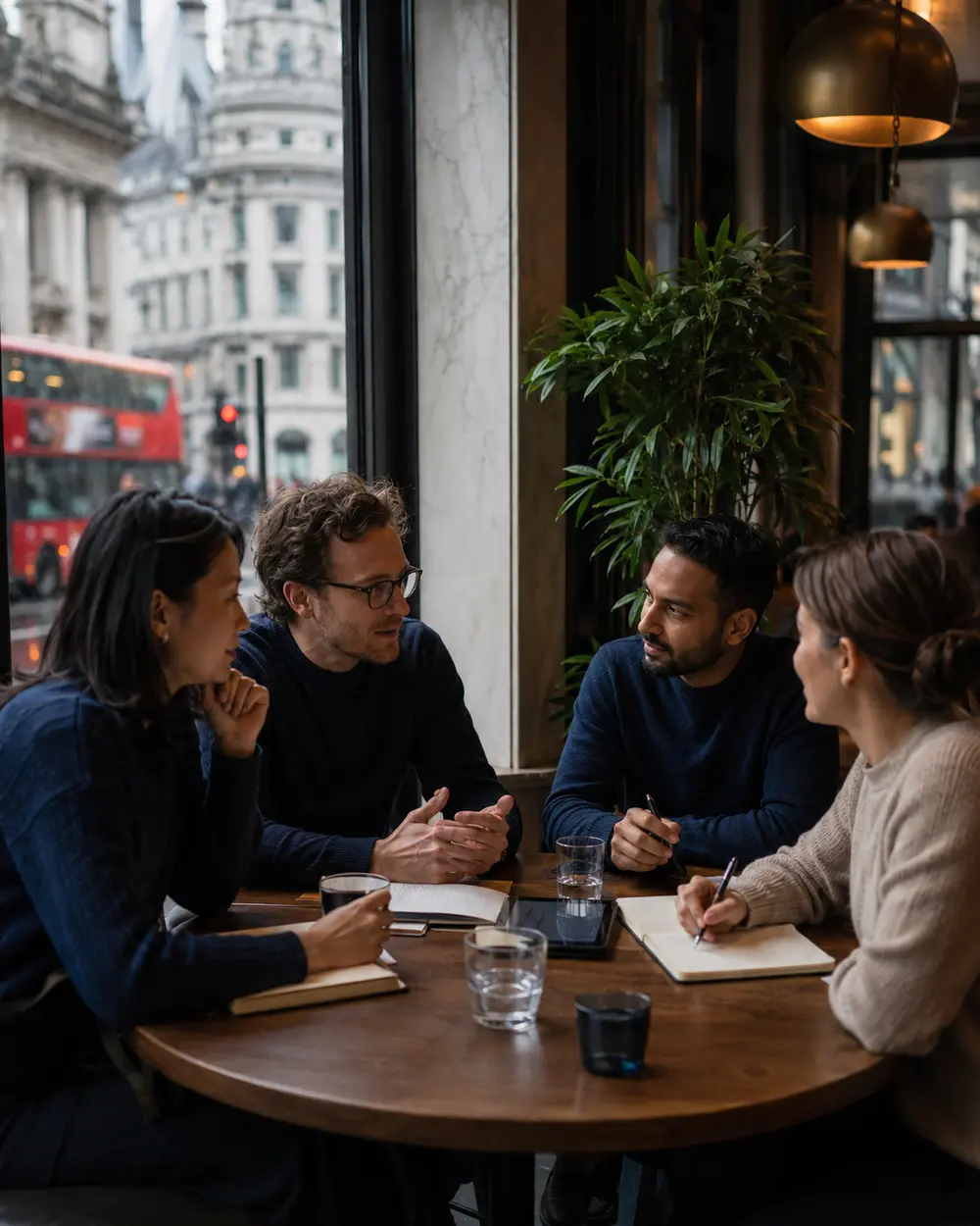 Participantes praticando inglês em um café de Londres